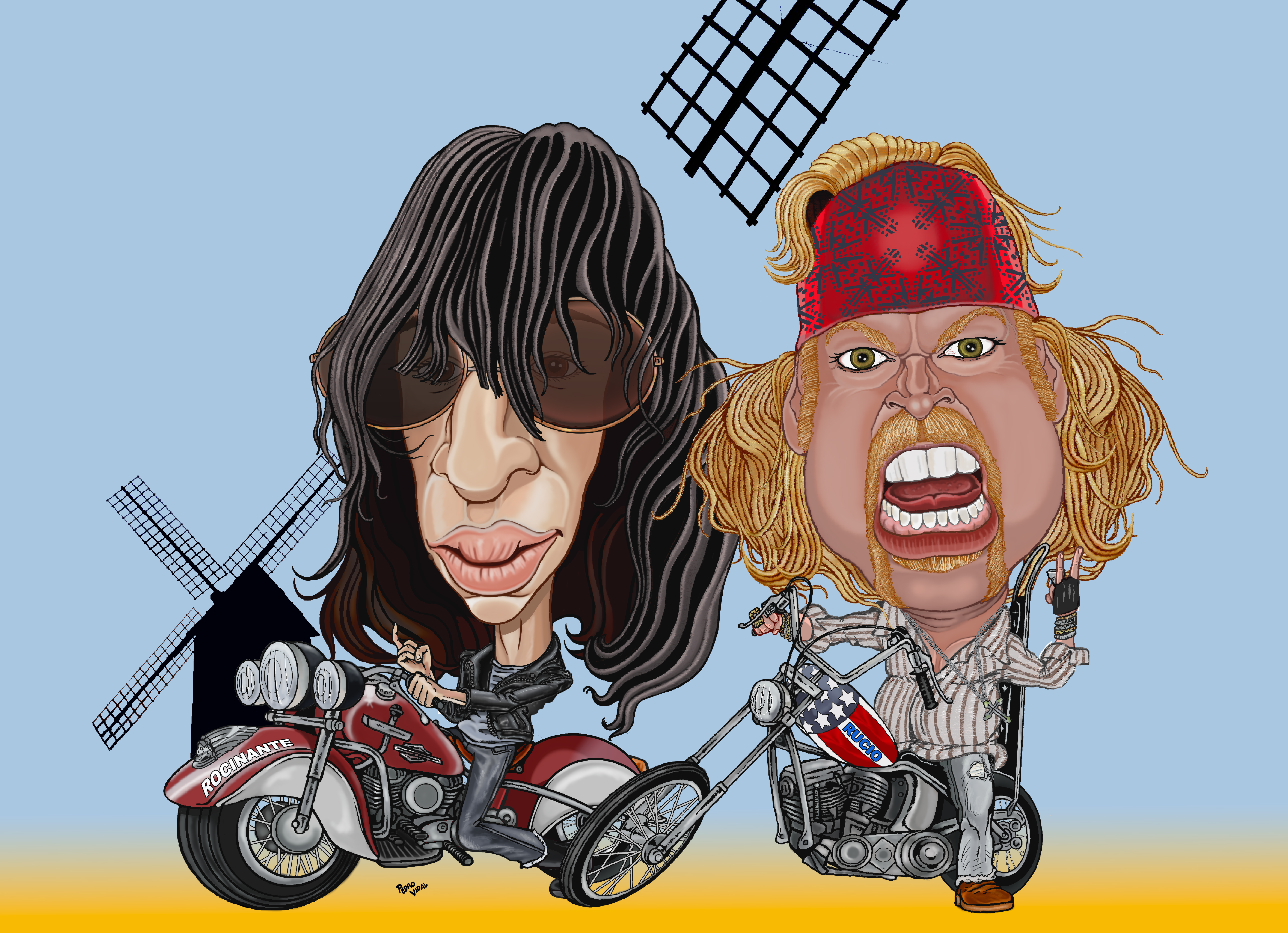 Caricatura de Axl Rose del grupo Guns N´Roses y Joey Ramone del grupo Los Ramones.